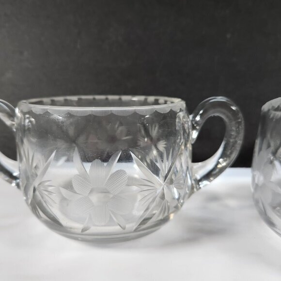 Cream and Sugar Set Vintage Lead Crystal Etched Flowers Heavy Glass - Picture 10 of 16